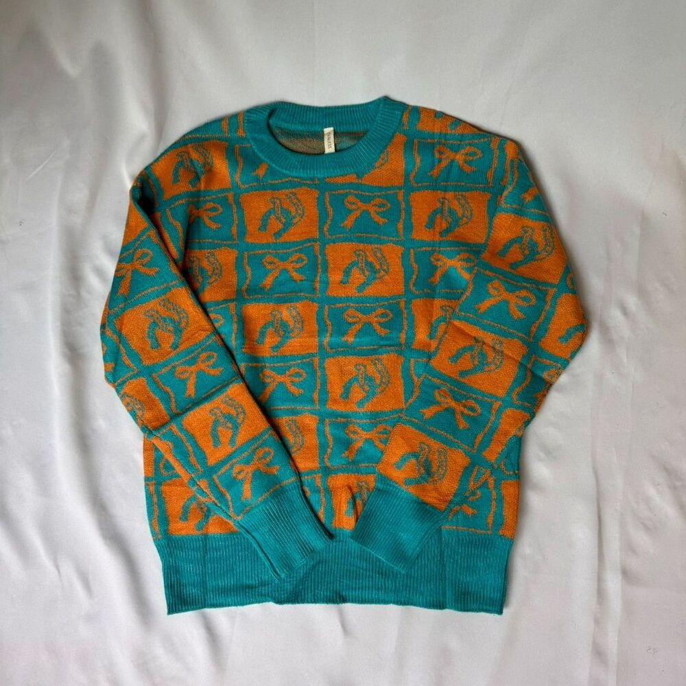 Teal & Orange Crewneck Knit Sweater - Size: M - NWT